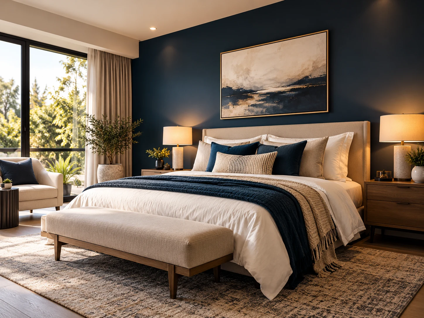 AI-rendered illustrative finish: Bedroom with a deep-coloured feature wall
