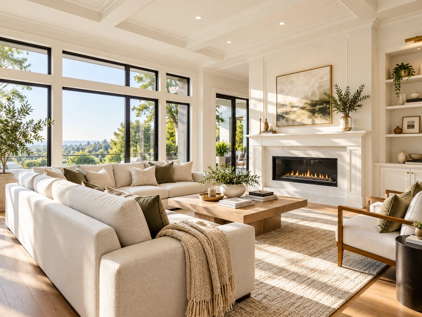 AI-rendered illustrative finish: Bright modern living room with freshly finished neutral walls