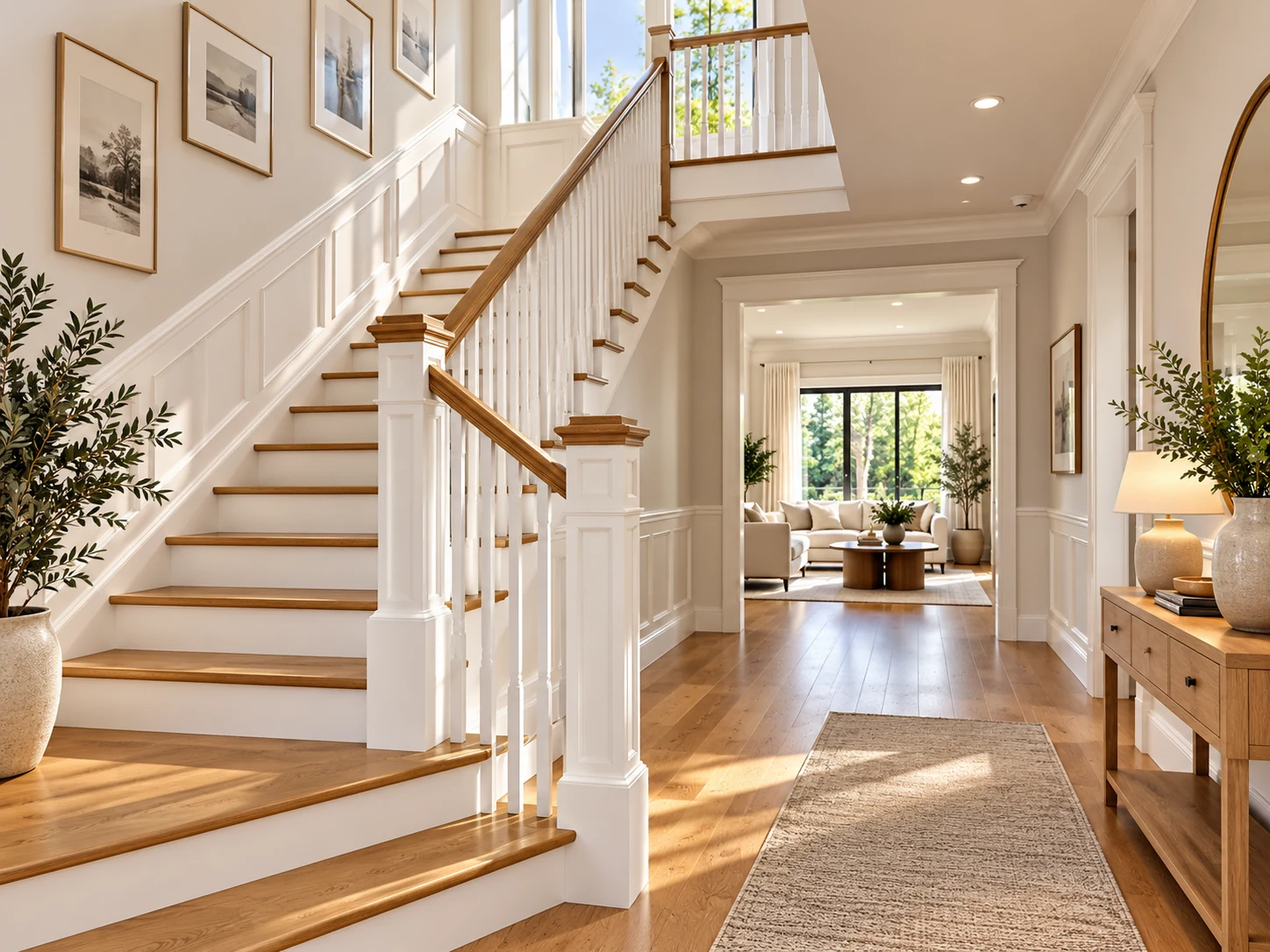 AI-rendered illustrative finish: Clean and bright residential stairwell